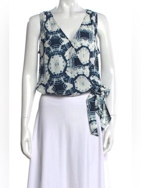 Ramy Brook Navy and White Tie-Side Sleeveless Wrap Top
